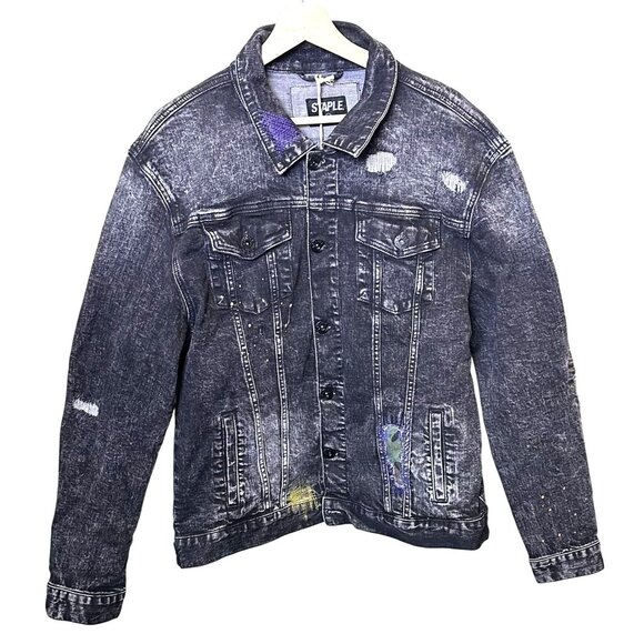 STAPLE Mens XL Distressed Denim Jacket with Paint Splatter‎ & Patchwork NWT - Picture 1 of 15
